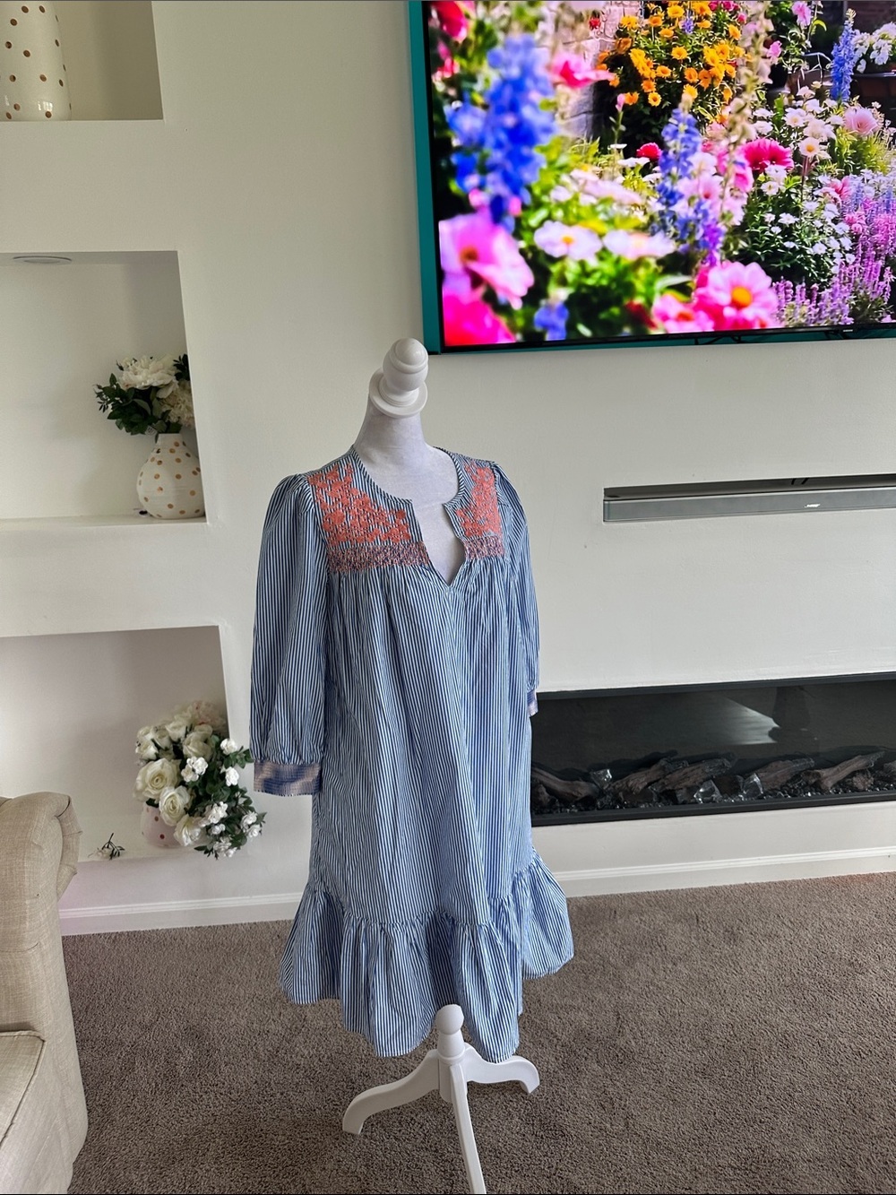 J. Crew Light Blue Pinstripe Mini Dress with Coral Embroidery